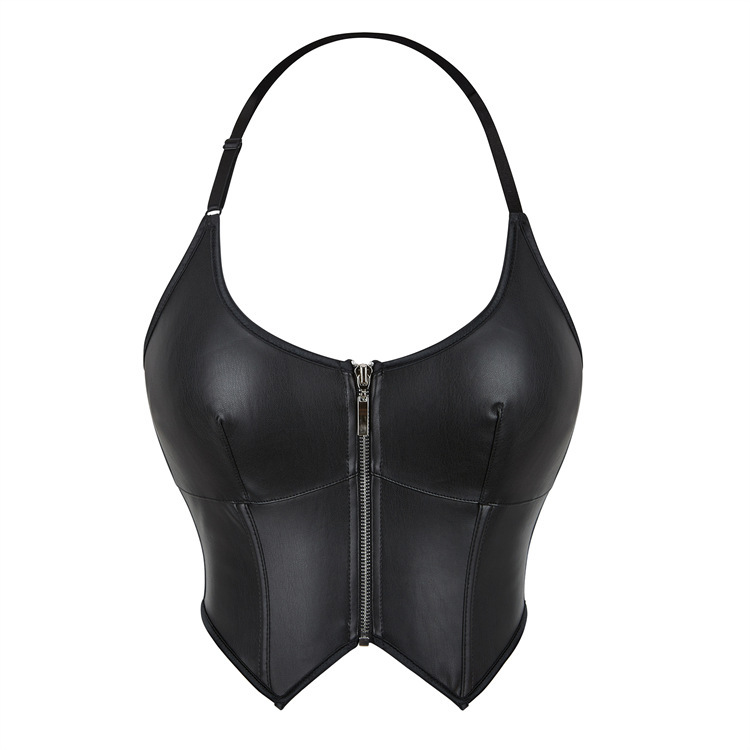 European and American PU Leather Neck Zipper Slim-fit Tube Top Sexy Shaping Top Amazon AliExpress temu Cross-border Supply