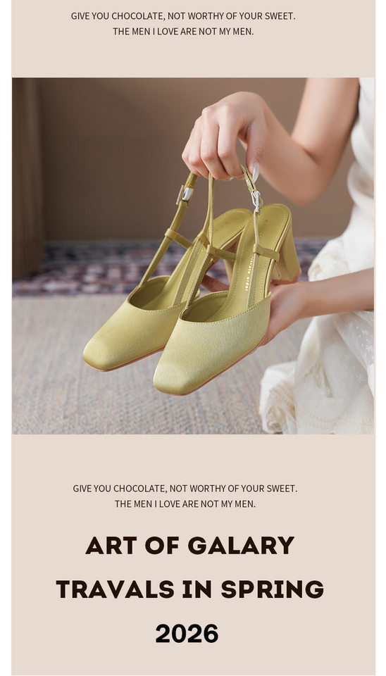 Sandal nữ mũi vuông gót thô hở gót quai ngang thanh lịch công sở, gót 6–8 cm — Bạc ánh kim, Màu vàng gừng, Phấn phủ mịn lì, Đen cao cấp chi tiết 9