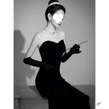 影楼摄影婚纱黑色鱼尾礼服裙女2024新款赫本主题服装优雅复古气质