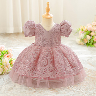 Cross-Border New Baby Dress Bean Paste Pink Puff Sleeve Lace Mesh Princess Dress One-Year-Old Evening Dress for Women