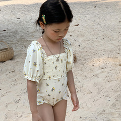 2023 new girls niche retro floral puff sleeve quick-drying swimsuit baby summer style one-piece swimsuit trend