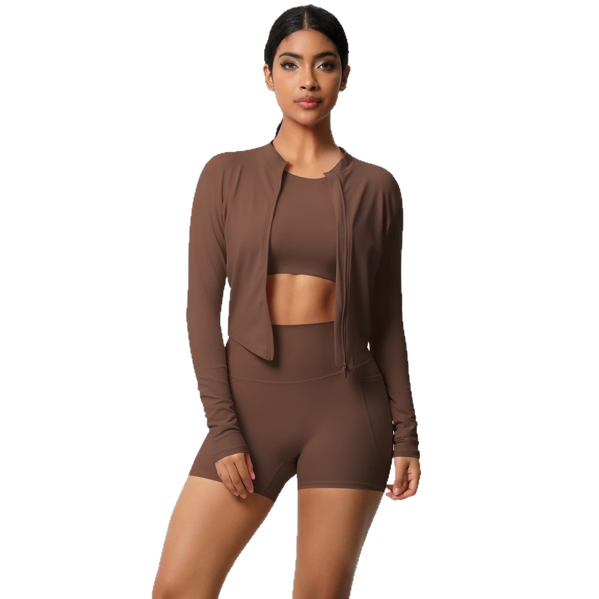 Chaqueta con cremallera deportiva de manga corta cepillada con sentido de nube transfronteriza, pantalones cortos de bolsillo, levantamiento de cadera, ropa de yoga de fitness, traje de tres piezas