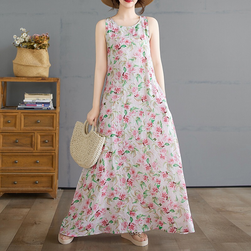 2025 New Summer Large Size Free Series Relaxed Lazy Skirt Normcore Floral Sleeveless Maxi Dress