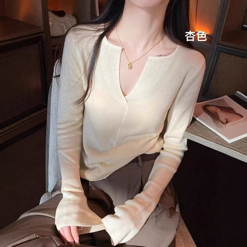 2025新款修身百搭V领针织打底衫女秋季薄款内搭毛衣长袖别致上衣|undefined