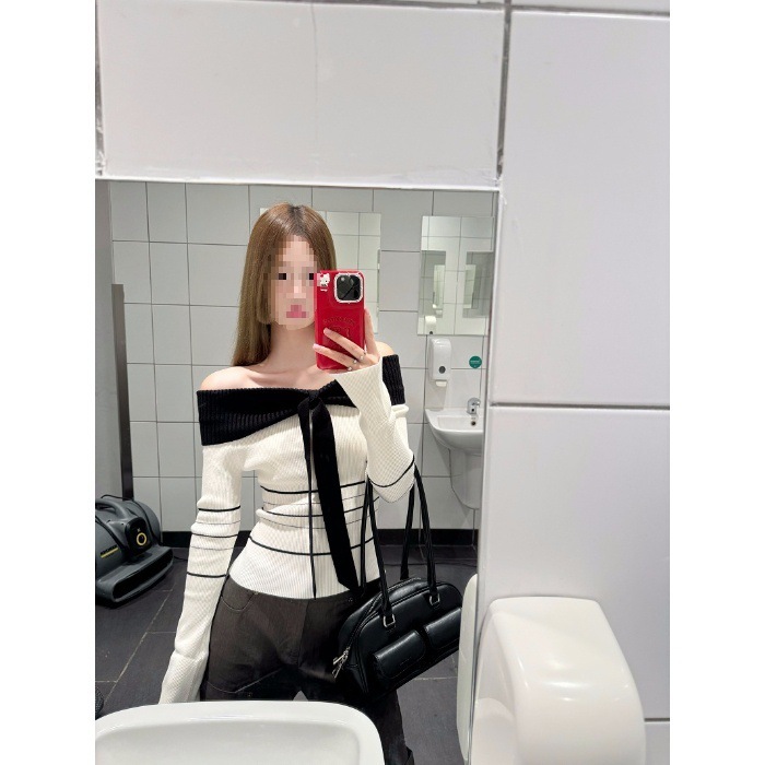 气质设计感撞色条纹一字肩毛衣针织衫女早秋小众修身短款露肩上衣|undefined