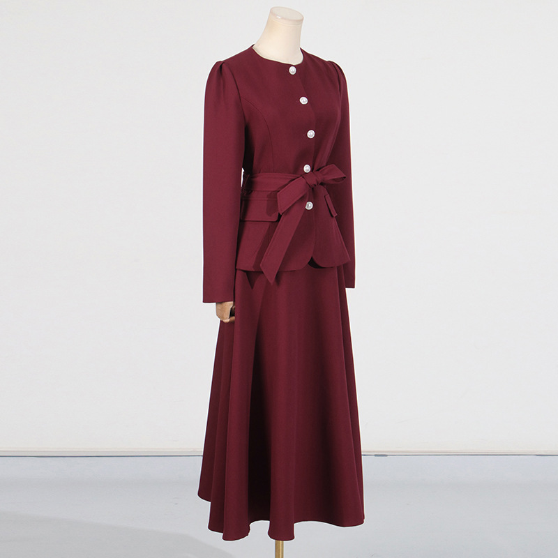 Casual Set Women Autumn Solid Color round Neck Single Breasted Design Slim Skirt Set