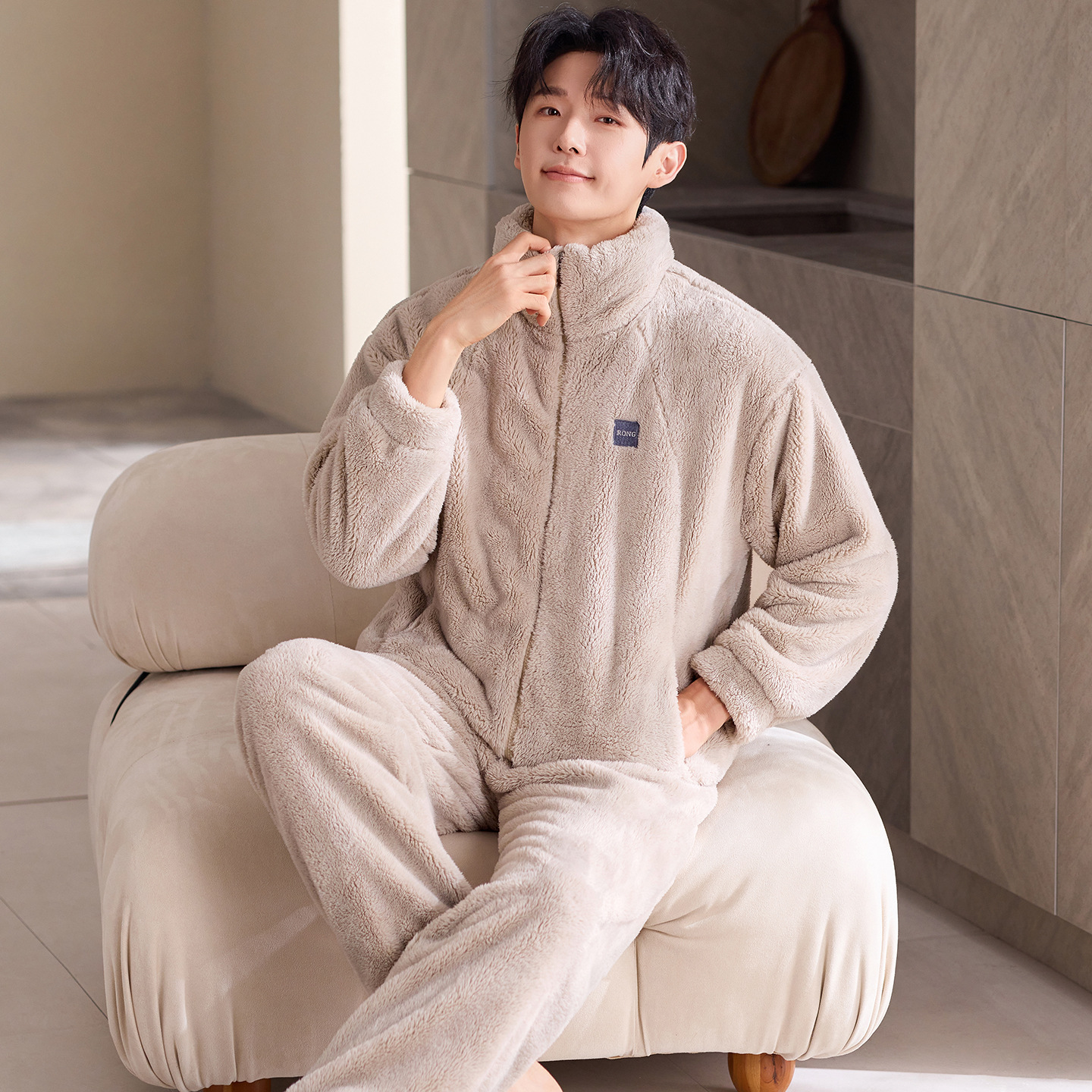 Coral Velvet Pajamas for Men in Autumn and Winter Fleece-Lined Thickeneded Warm Flannel Zipper Men's Wearable Home Clothes Set