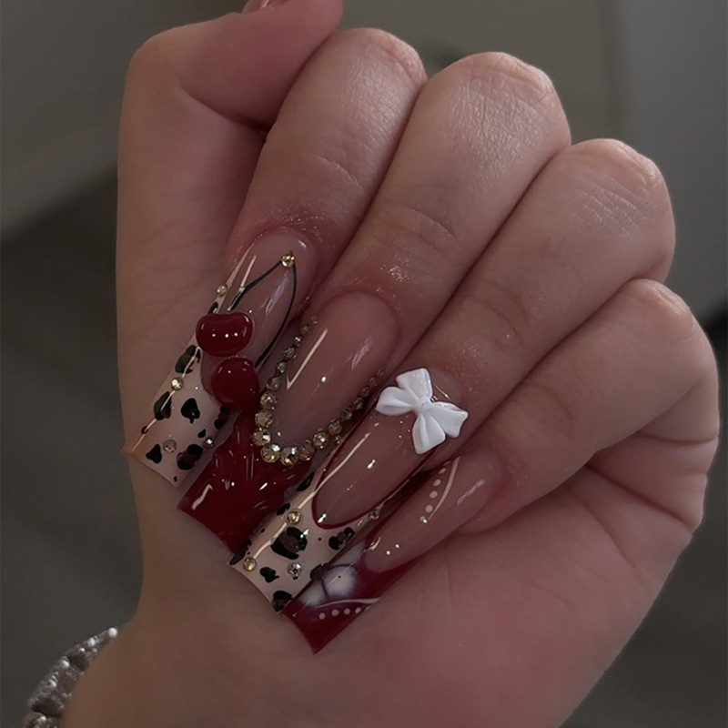 Cross-Border Popular European and American Style Square Leopard Print Manicure, Red French Cherry Handmade Press-On Fake Nails