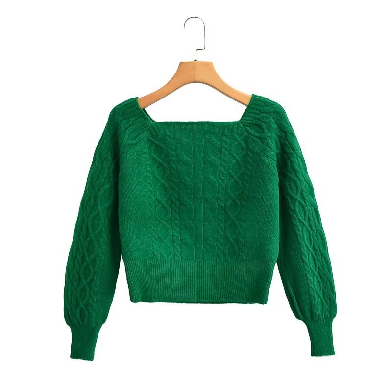 Fashion Green Solid Color Square Neck Long Sleeve Twist Knit Pullover Sweater 