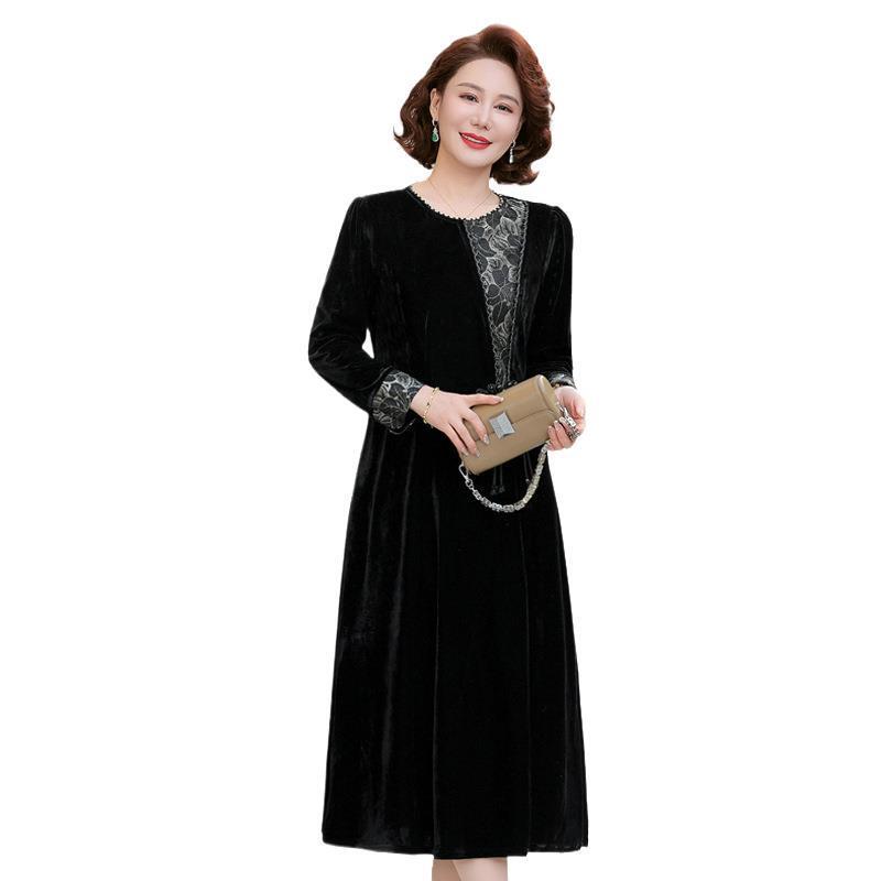 Middle-aged and elderly women's new mid-length dress foreign-style spring and autumn temperament skirt gold velvet side zipper mother skirt