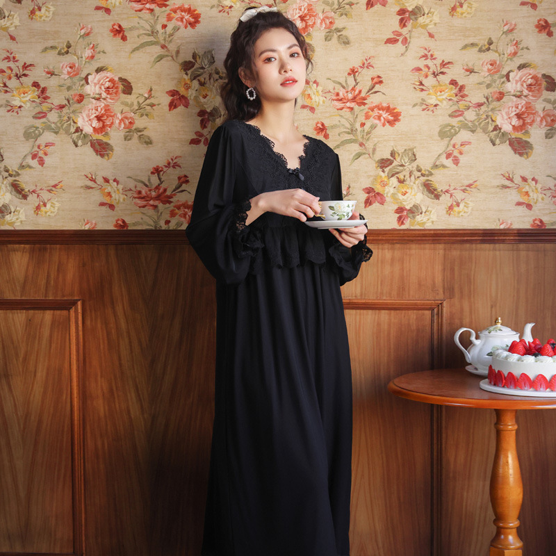 Long-Sleeved Nightgown Women's Spring Palace Style Mesh Princess Embroidered Lace Home Clothes Outfit Pajamas Cotton Autumn