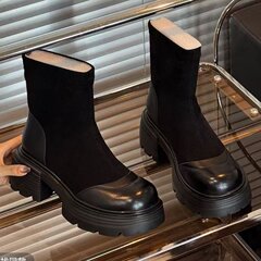 瘦瘦靴粗跟短靴女2025新款秋季弹力靴绒面复古百搭增高厚底马丁