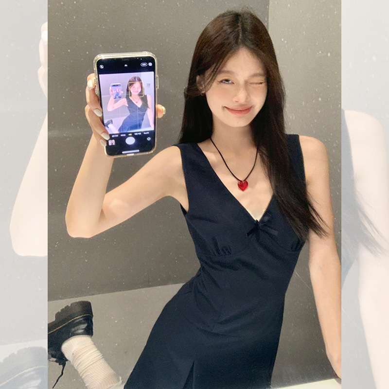 宋正恩藏蓝V领学院风吊带连衣裙女夏季背心裙韩系收腰无袖短裙子|undefined