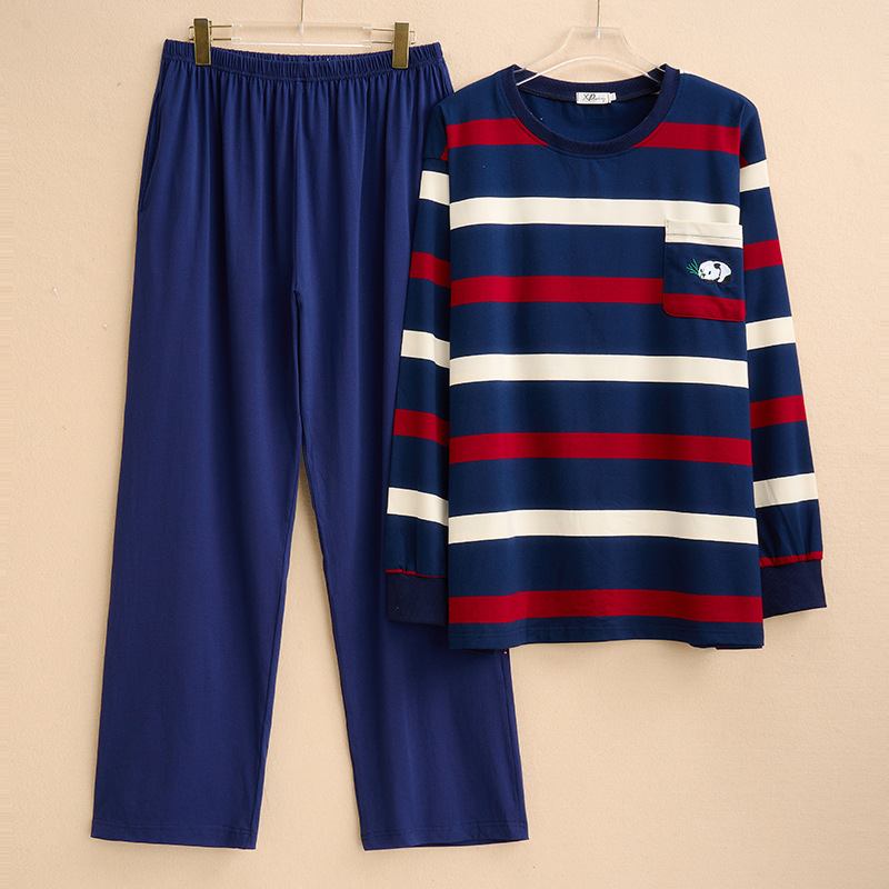 Spring, Autumn and Winter Pajamas for Men Plus Size Loose Knitted Cotton Round Neck Long-Sleeved Pants Stripesd Casual Home Wear Set