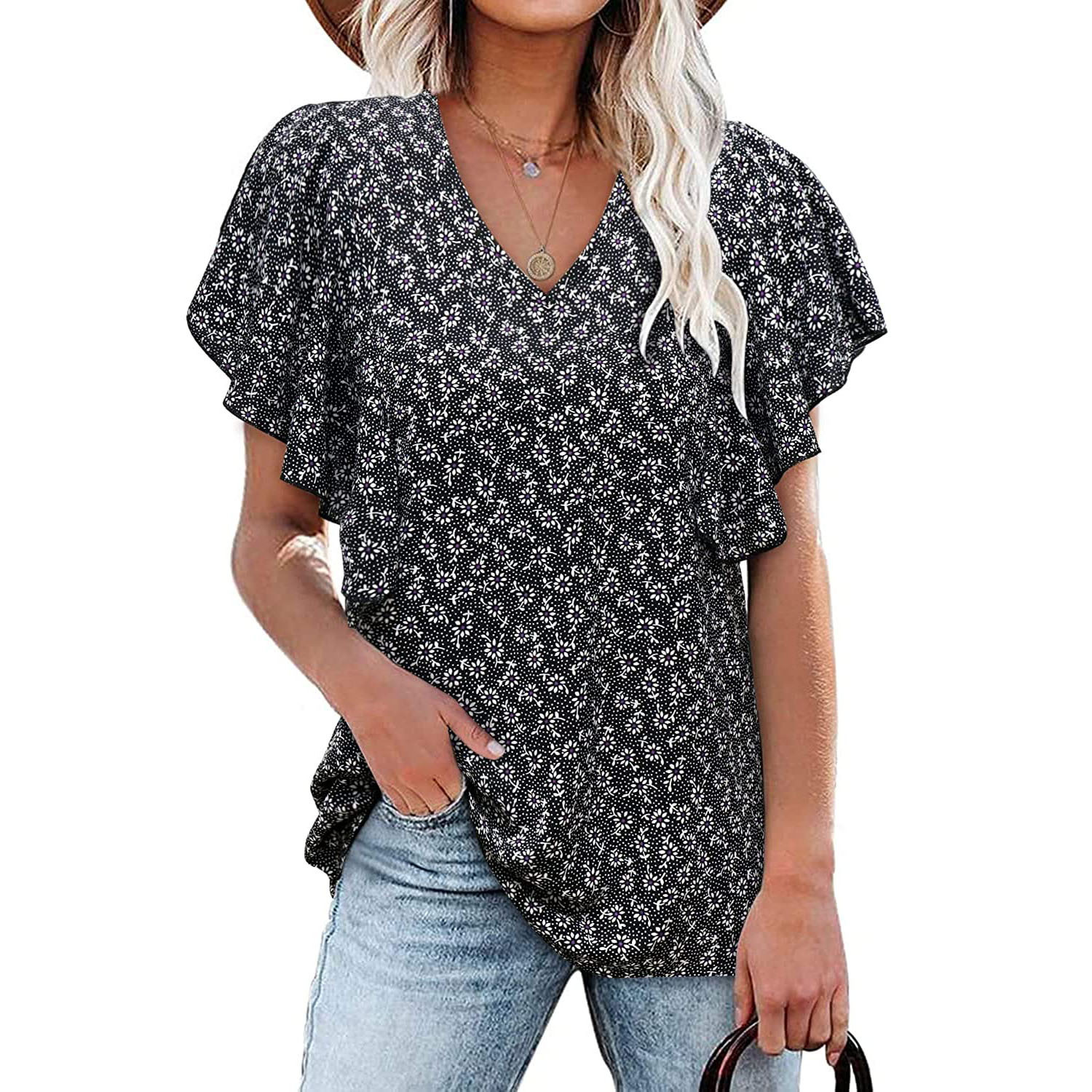 V-neck floral/leopard print pleated short-sleeved loose top NSLZ130375