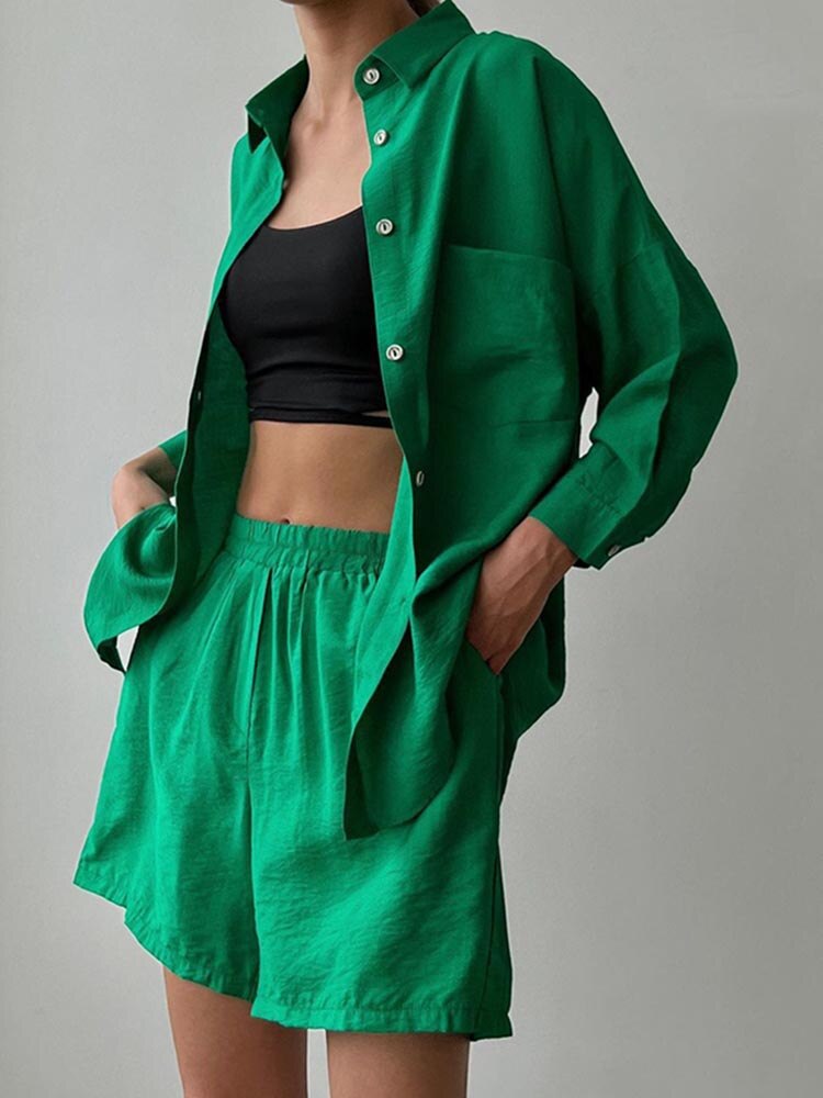 Women's Casual Solid Colour Long Sleeve Loose Sports Shorts Set_voghion.com