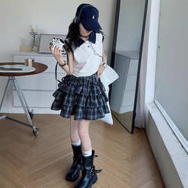 女童短袖套装格子裙洋气2025新款潮中大女孩百搭蛋糕裙两件套时尚