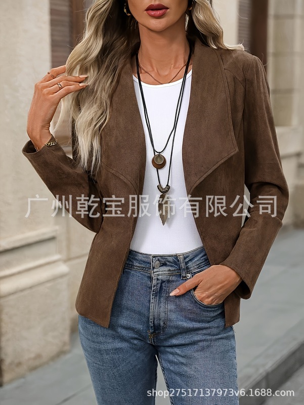 2025新款跨境外贸欧美女装纯色西装翻领无扣修身时尚外套开衫上衣|undefined