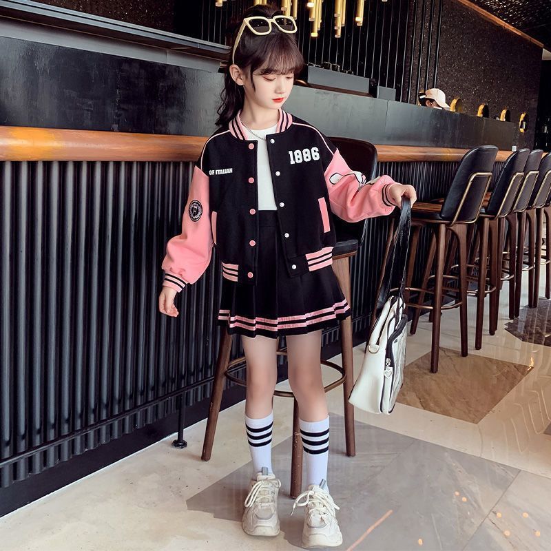 女童jk棒球服套装2025春秋新款洋气时髦女大童学院风百褶裙两件套|undefined