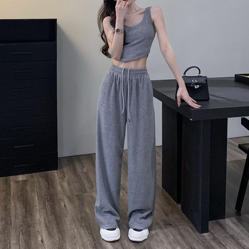 Autumn Lazy Pure Desire Short Style with Naked Navel for Slimming Tank Top, High Waist, Hanging Wide Leg Pants,_voghion.com