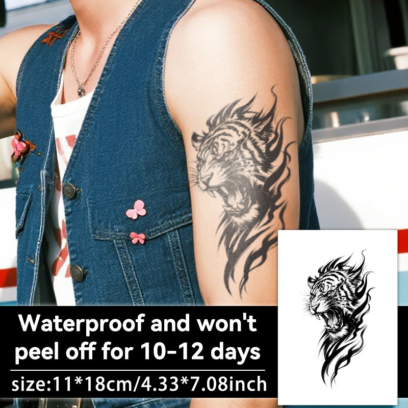 Tiger Herbal Juice Tattoo Sticker Waterproof Long-Lasting Large Design for Men's Arm Personalized Realistic Flower Arm Dark Style High-End Feel