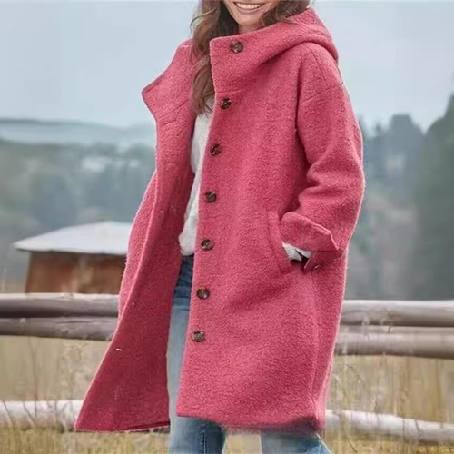 Amazon AliExpress 2025 Cross-border European and American Fashion Women's Woolen Coat Solid Color Hooded Temperament Long Jacket