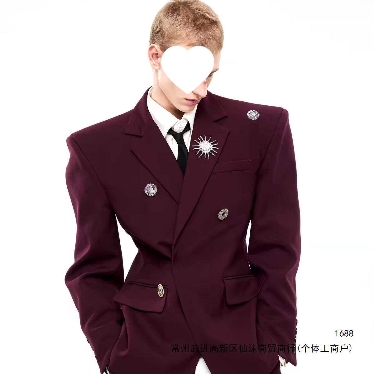 Korean style, fashionable, light luxury red suit jacket for men, designer brooch, cool and casual suit, trendy 12