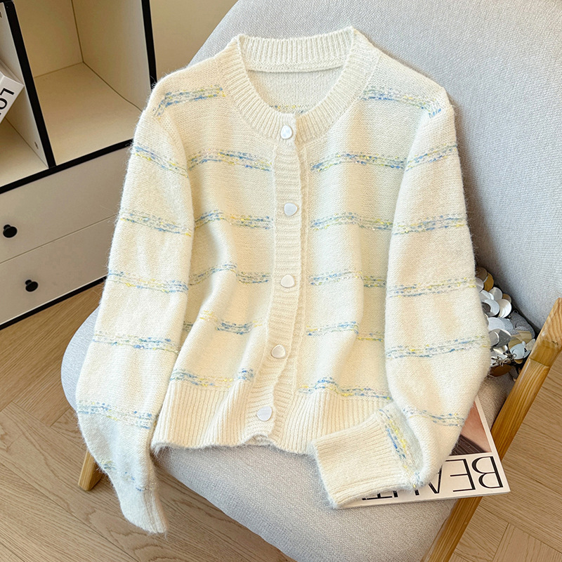 Invierno y otoño suéter fragrante color rayas dulces camisetas de punto para mujeres suaves cardigans versátiles chaqueta