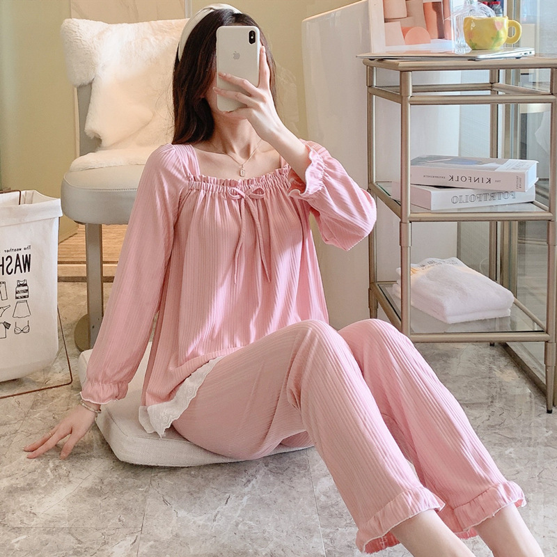 Otoño nuevo pijama de mujer fuera del cuello de seda de leche pantalones de manga larga color sólido dulce lindo traje de casa se puede usar fuera