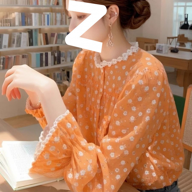New Spring Orange Floral Shirt French Dopamine Top Unique Good-looking Lace Trimmed Age-reducing All-match Trendy Small Shirt
