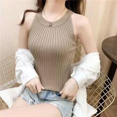2024春季針織吊帶女豎條紋修身打底衫大碼短款無袖露肩小背心內搭