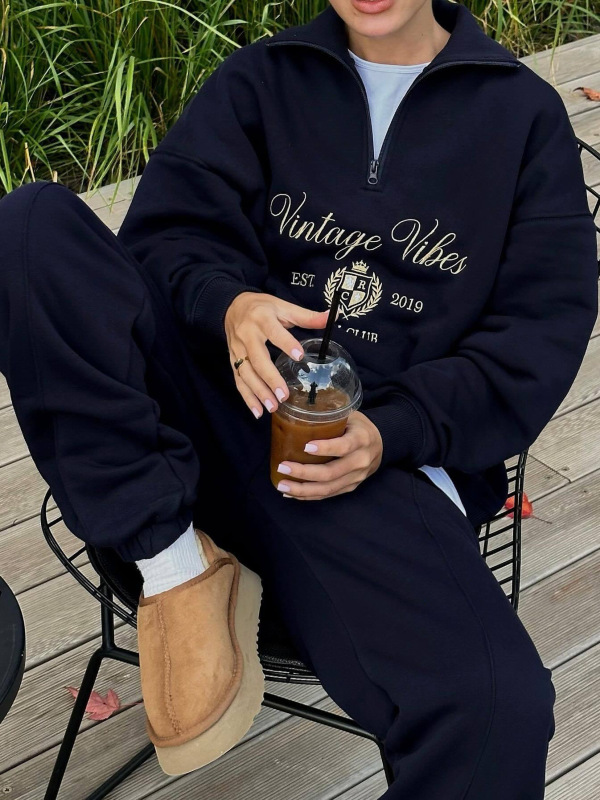欧美风跨境字母刺绣高级感半拉链卫衣宽松直筒休闲长裤时尚套装女|undefined