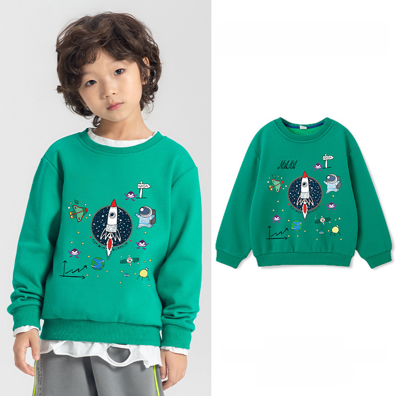2024 Spring New Children's Sweatshirt for Medium Kids - All-Cotton Long-Sleeve Round Neck Hooded Top with Print, Loose and Trendy Style