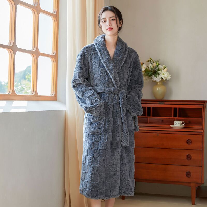 方格提花舒棉绒长款睡袍套装秋冬新款开衫浴袍长袖男女同款家居服|undefined
