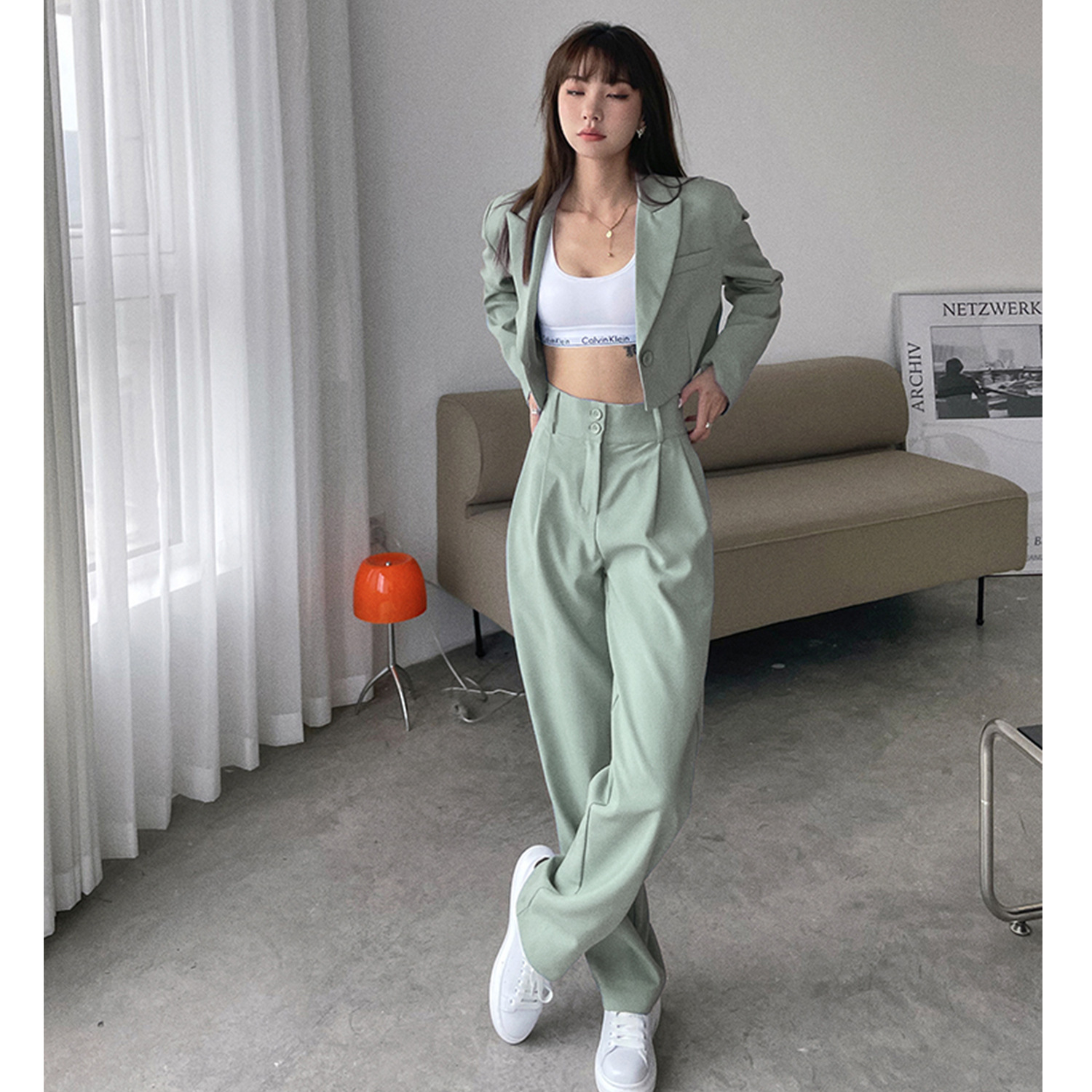 Women's Clothing 2024 autumn temperament short suit top + slim high waist drape suit pants for women_voghion.com