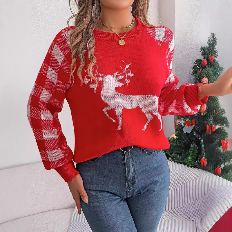2025年秋冬カジュアルチェック柄鹿柄長袖プルオーバーセーター クリスマス Amazon越境婦人服|undefined