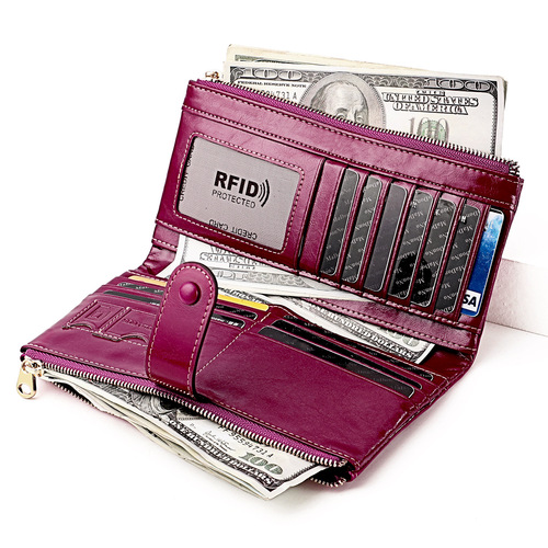 Korean style fashion mobile phone coin clutch rfid anti-theft brush long wallet retro oil wax genuine leather ladies wallet