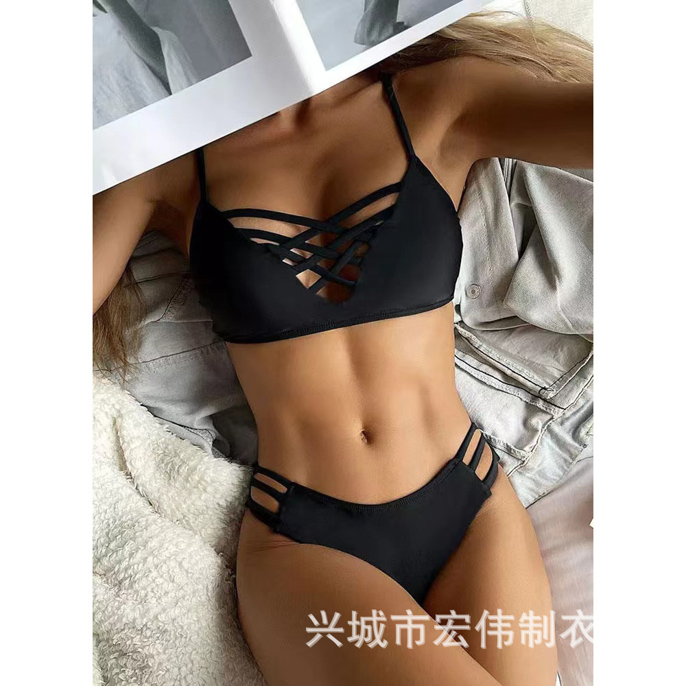 2022 New Style European and American Bikini Nylon Solid Color Cross-Border Sexy Women's Two-Piece Swimsuit Bikini Black