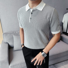 高品质精品男短袖条纹翻领polo衫夏季时尚百搭休闲短袖针织