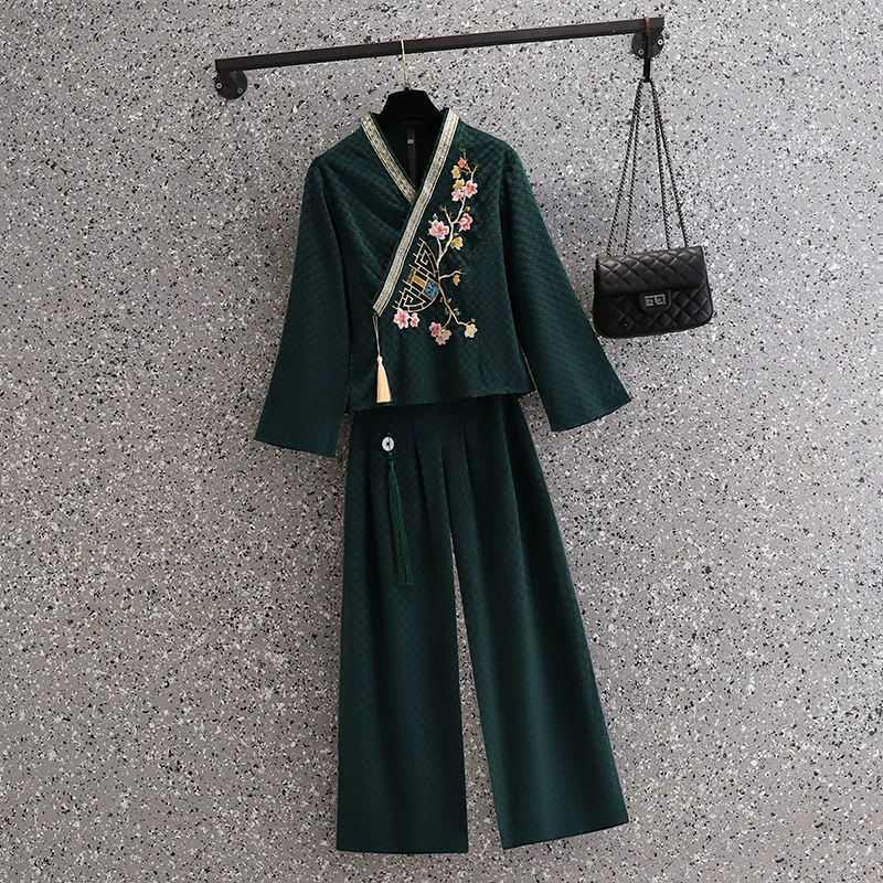  Demi-season velvet retro cheongsam, trousers for work, with embroidery, Chinese style