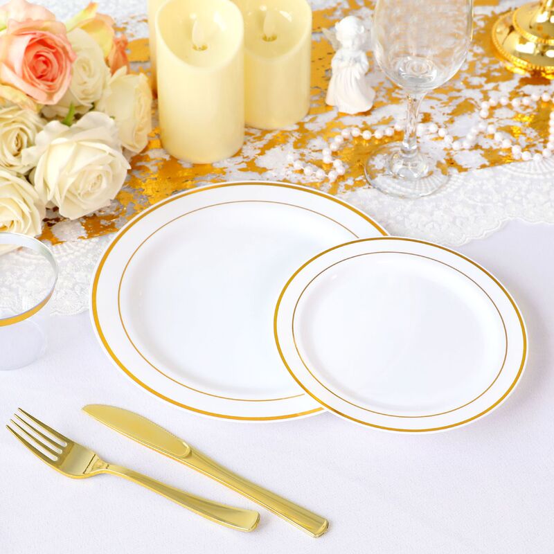 Cross-Border Spot Hot-Selling Disposable Gold-Rimmed Plates for Western Food Parties Thickened Solid Plastic Plates Factory Direct Sales
