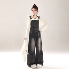 背带裤女2025新款春秋季美式复古小个子慵懒风休闲阔腿牛仔连体裤