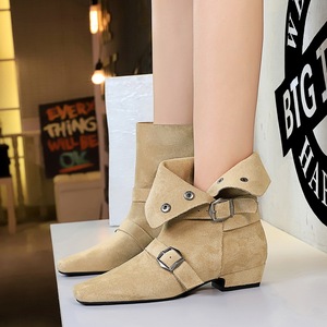 8628-1 Western Short Boots Retro Square Head Belt Buckle Thick Heel Suede Folding Two Wear Thin Single Boots Middle Boot