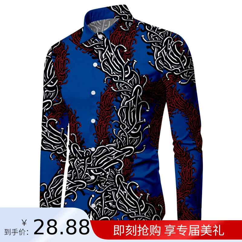 Европа и США трансграничный 2024 Хэллоуин новый карнавал железная цепочка летучая мышь 3D принт повседневная мужская рубашка с длинными рукавами