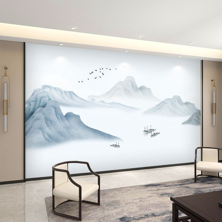 Nailed New Chinese Style Ink Landscape Artistic Conception 8D Stereo Modern Wall Cloth Living Room Sofa Film and Television Wall Cloth Seamless Mural