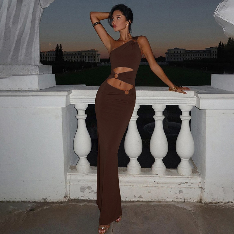 Fashionable Womens Dress Asymmetrical Shoulder Color Block Slim Fit Sexy Split Autumn Collection Wholesale