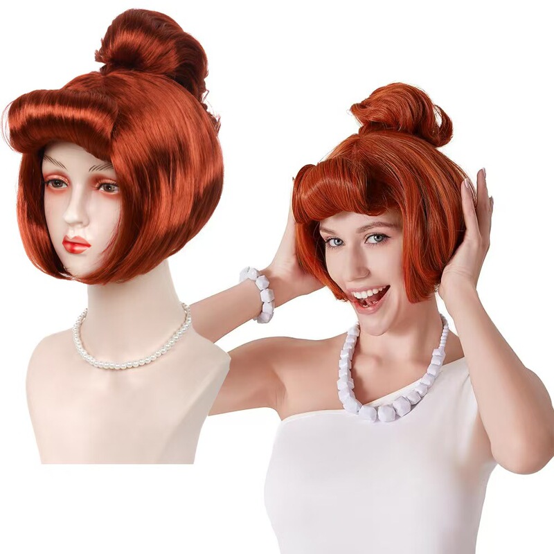 Halloween cosplay modern caveman Wilma Flintstone wig retro short hair with claw clip ponytail Halloween cosplay modern caveman Wilma Flintstone wig retro short hair with claw clip ponytail