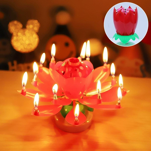 Lotus birthday candle - 8 rotating musical lotus flowers [red] - 1 piece