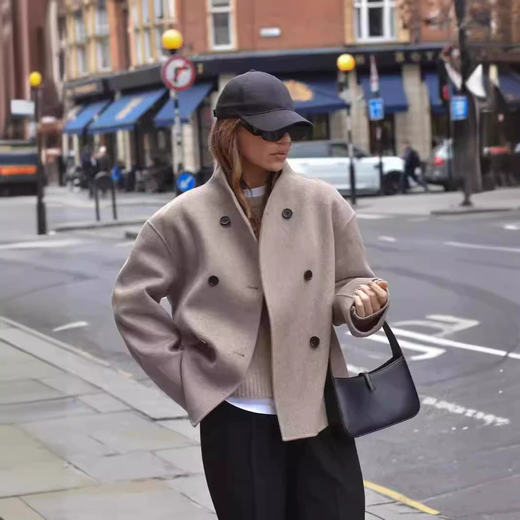 Готовая женская двубортная однотонная шерстяная верхняя одежда европейского размера, повседневный элегантный универсальный топ в британском стиле для женщин