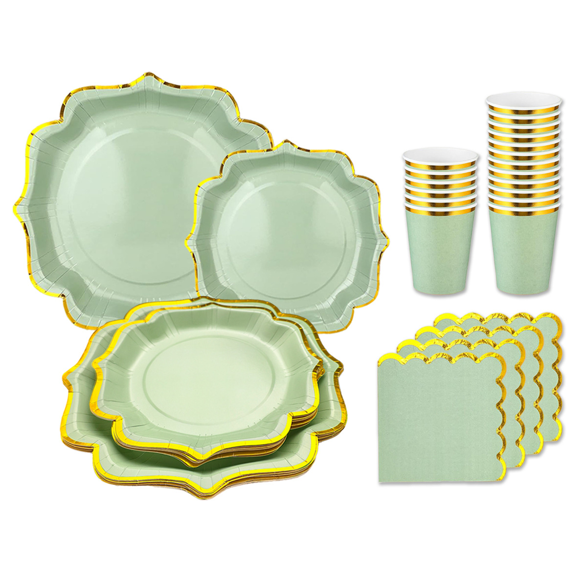 Elegant Gold-Foiled Green Disposable Party Tableware Set - Eco-Friendly Plates, Napkins & Cups For Events_voghion.com